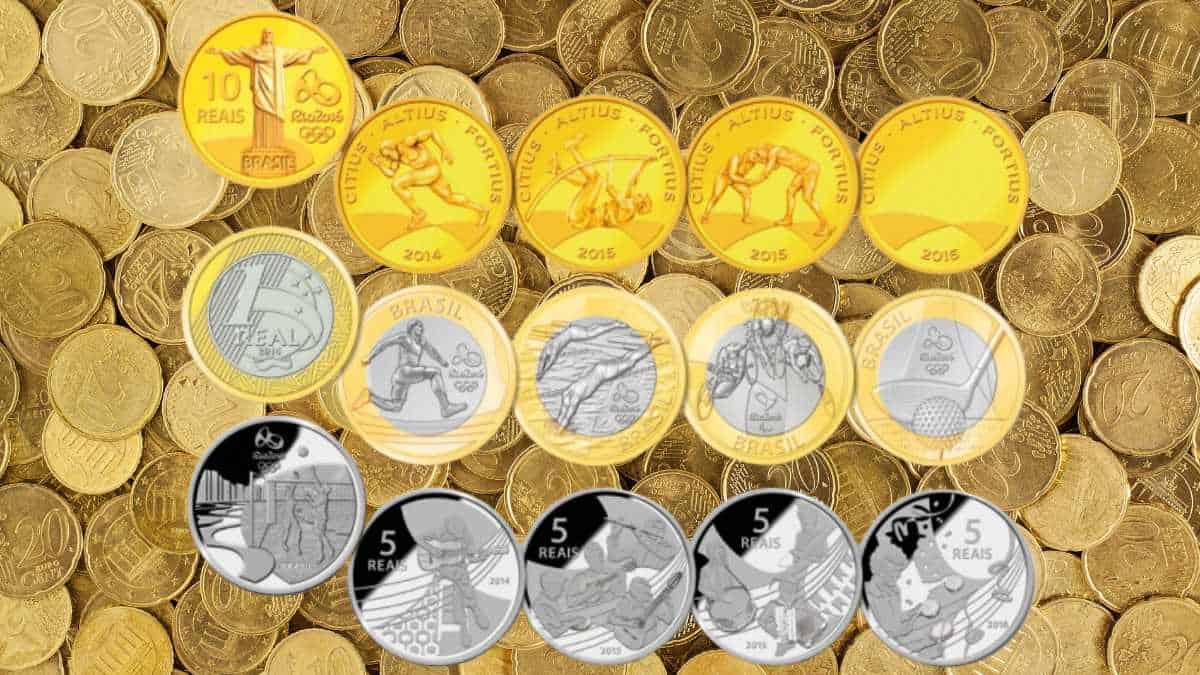Foto das Moedas comemorativas das Olimpíadas Rio 2016: Essas moedas apresentam diversos designs relacionados aos esportes olímpicos e paralímpicos, bem como à fauna e flora brasileira.